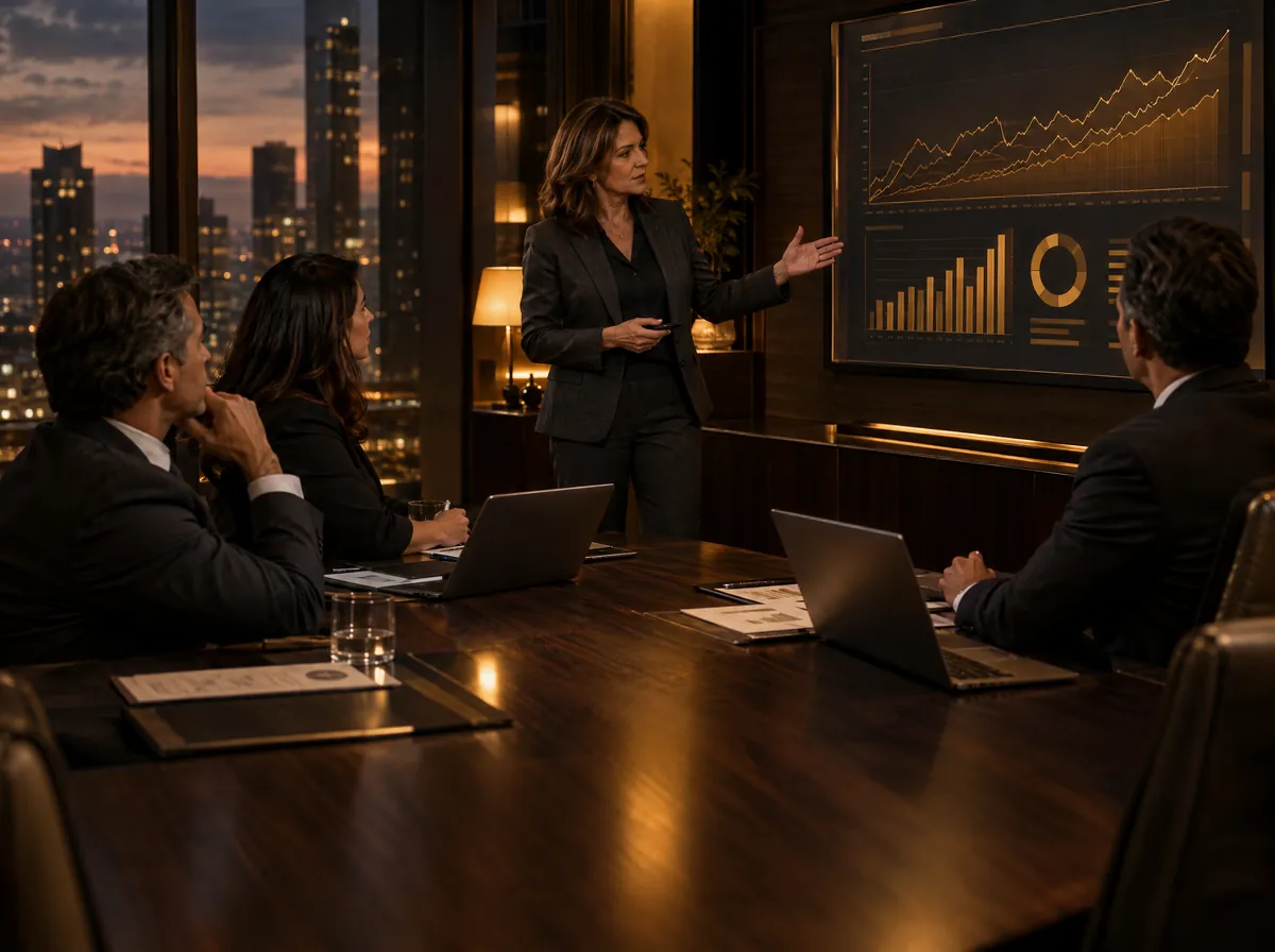 Consultora apresenta um painel financeiro à equipe de uma empresa