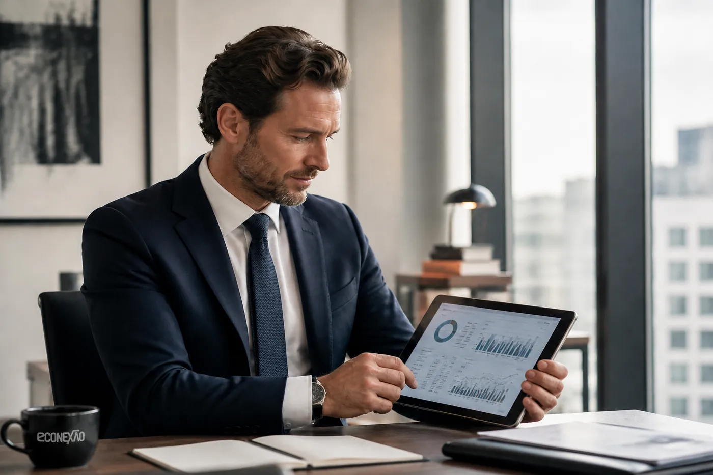 Executivo analisa o painel financeiro em um tablet no escritório